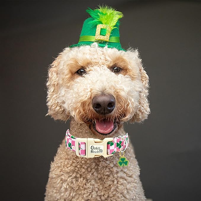 St Patrick's Day Dog Collar-Trefoil Spring Adjustable Cute Pet Collars Pink Soft Cotton Holiday Puppy Collar Geen Necklace Gift for Small Dogs