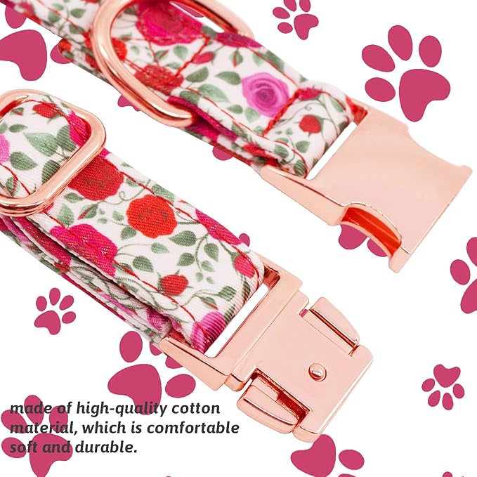 Dog Collar and Leash Set Girls Adjustable Puppy Collars with Floral Bow Tie for Small Medium Large Female Dogs, Red Rose, M