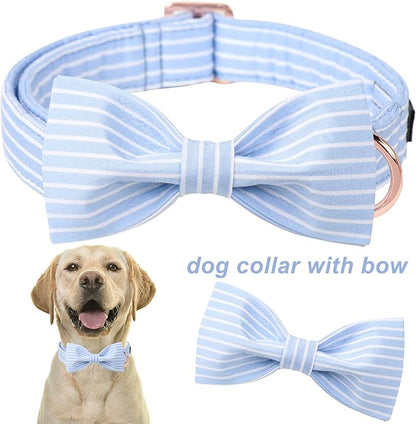 ARING PET Dog Collars with Bow, Blue Stripe Adjustable Bowtie Pet Collar with Metal Buckle for Small Medium Large Boy Girl Dogs-S