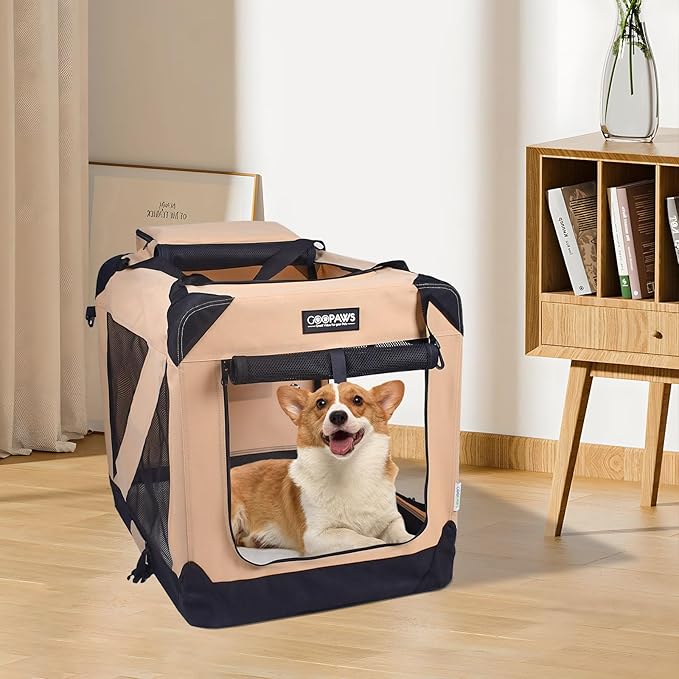 JESPET 36'' Soft Dog Crates Kennel for Pets, 3 Door Soft Sided Folding Travel Pet Carrier with Straps and Fleece Mat for Dogs, Cats, Rabbits, Grey Blue & Beige (36" L x 24" W x 27" H, Beige)