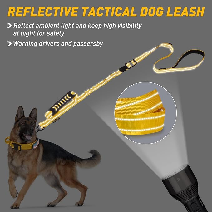AUBELL Tactical Dog Leash Heavy Duty,4-6ft Reflective Strong No Pull Bungee Leash for Medium Large Dogs with Comfortable Padded Double Handle,Car Seat Belt,360 Degree Rotating Carabiner,Yellow