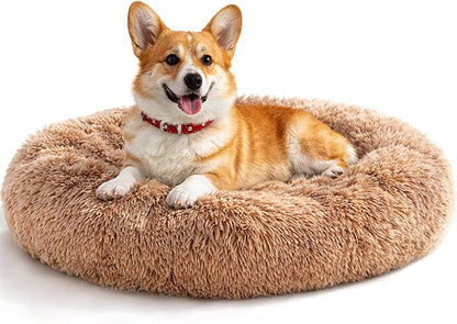Dog & Cat Bed for Indoor Cats, 24in Calming Donut Pillow mat for Puppy and Kitten, Washable Cooling Round Fluffy Pet Nest for Small Medium Dogs and Cats, Brown