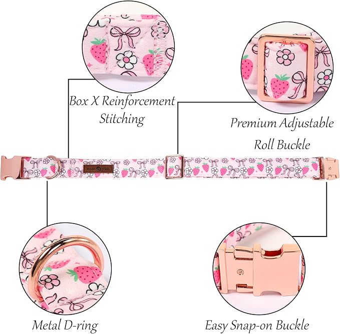 Lionet Paws Strawberry Floral Dog Collar with Sailor Bow, Spring Pink Bow Dog Collars Bow Tie for Dogs, Medium, Neck 13.5-22 inches