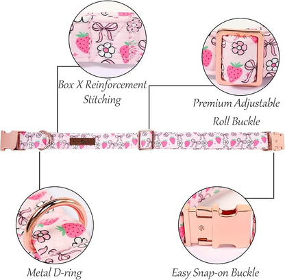 Lionet Paws Strawberry Floral Dog Collar with Sailor Bow, Spring Pink Bow Dog Collars Bow Tie for Dogs, Medium, Neck 13.5-22 inches
