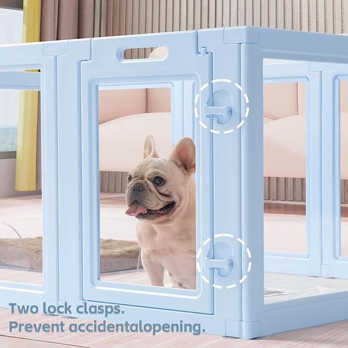 LoveTail DIY Clear Acrylic Dog Playpen House,Quick Easy Assembly and Disassembly,Strong Floor Suction,Indoor and Outdoor Use,Easy Cleansing Puppy Fence (Sky Blue, 23.6" H, 12PCS)
