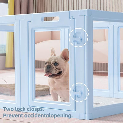 LoveTail DIY Clear Acrylic Dog Playpen House,Quick Easy Assembly and Disassembly,Strong Floor Suction,Indoor and Outdoor Use,Easy Cleansing Puppy Fence (Sky Blue, 23.6" H, 12PCS)