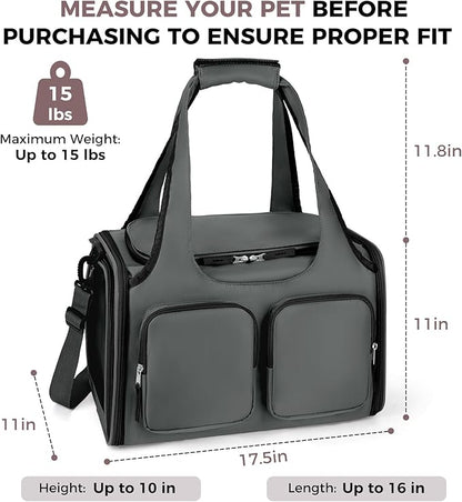 Dog, Cat Carrier for Pets Up to 15 Lbs, Airline Approved Collapsible Soft-Sided Pet Travel Bag with Locking Zippers, Breathable Mesh and 4 Large Pockets, Removable Fleece Pad (Dark Grey)