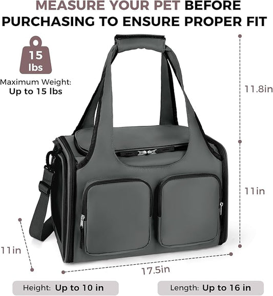 Dog, Cat Carrier for Pets Up to 15 Lbs, Airline Approved Collapsible Soft-Sided Pet Travel Bag with Locking Zippers, Breathable Mesh and 4 Large Pockets, Removable Fleece Pad (Dark Grey)