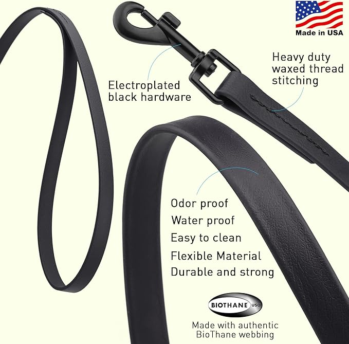 Dogline Biothane Waterproof Dog Leash Strong Coated Nylon Webbing with Black Hardware Odor-Proof Easy to Clean High Performance for Small or Large Dogs Made in USA 4 or 6 ft Lead, Black