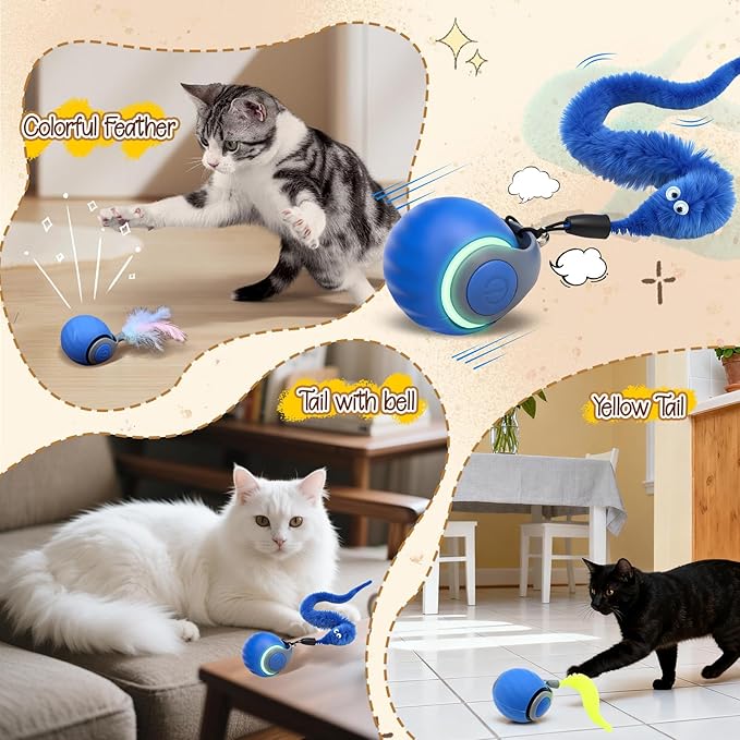 CONAMEI 1PCS Interactive Cat Toys Ball,Newly Upgraded Speedy Tail Cat Toy with USB Charging,Automatic Smart Interactive Cat Toys for Indoor Cats with 4 Tails-Blue