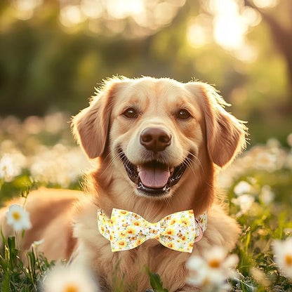 Floral Dog Collar with Bow Tie - Adjustable Yellow Sunflower Bowtie Collar Breathable Comfort Spring-Summer Dog Collars for Small Medium Large Dogs XL