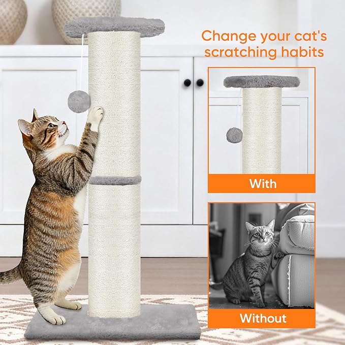 PAWSCRAT Cat Scratching Post 32" Tall, Large Diameter Natural Sisal Cat Scratch Post with Dangling Ball for Indoor Cats, Scratch-Resistant Durable and Protect Your Furniture, LightGrey