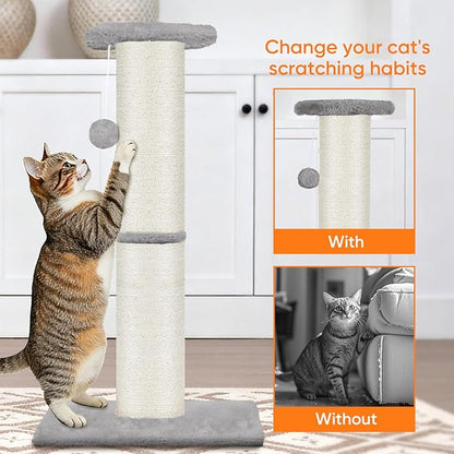 PAWSCRAT Cat Scratching Post 32" Tall, Large Diameter Natural Sisal Cat Scratch Post with Dangling Ball for Indoor Cats, Scratch-Resistant Durable and Protect Your Furniture, LightGrey