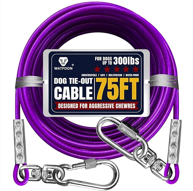 Tie Out Cable for Dogs Up to 300lbs, 75ft Extra Strong 1000lbs Break Strength Tie-Out Tether Trolley Training Lead,Dog Run Cable for Yard Garden Park Camping Outside (Purple, 300lbs 75ft)