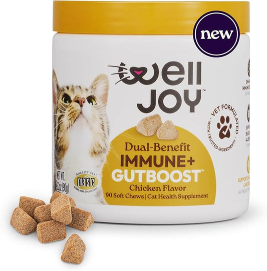 New! WellJoy Cat Supplement Immune+ GutBoost | Cat Health Supplement | Enhances Immune Response | Dual-Benefit GutBoost Formulation | Vet Formulated | Made in USA | Chicken Flavor | 90 Soft Chews