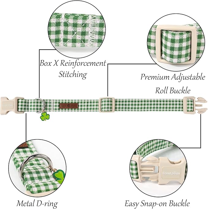 Lionet Paws St. Patrick Dog Collar, Comfortable Adjustable Green Collar with Green and White Grid Pattern for X-Large Male Female Dogs Collars, Neck 16-26 inches