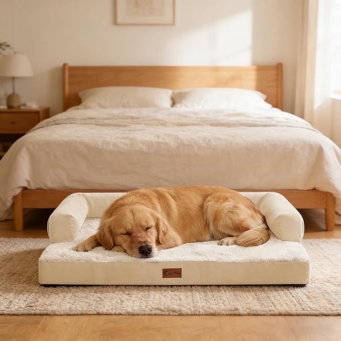 Casa Paw Orthopedic Dog Beds for Extra Large Dogs, Waterproof Egg Crate Foam XL Dog Bed with Sides 45x35Inch, Big Dogs Couch Beds with Removable Washable Cover and Nonskid Bottom, Beige