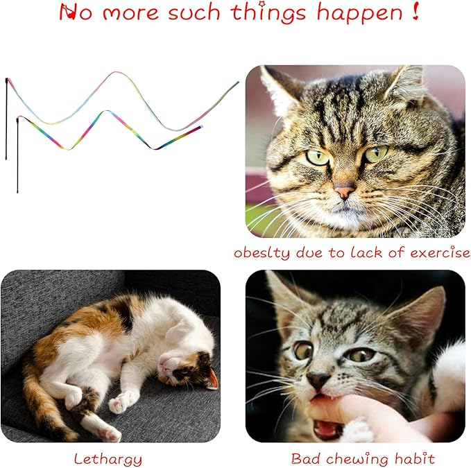 M JJYPET Cat Wand Toys Interactive Kitten Toys for Indoor Cats Colorful Teaser Wand String for Exercise Kitten Stick Kitty Rope Toy Rainbow Ribbon Cat Charmer -2Pcs