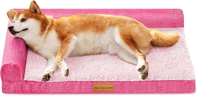 Patas Lague Orthopedic Dog Bed Medium Size Dog 30''X20'', Waterproof L Bolster Medium Pet Sofa Beds with Removable Washable Cover, Soft Comfortable Pet Couch Crate Mat with Nonskid Bottom, Pink