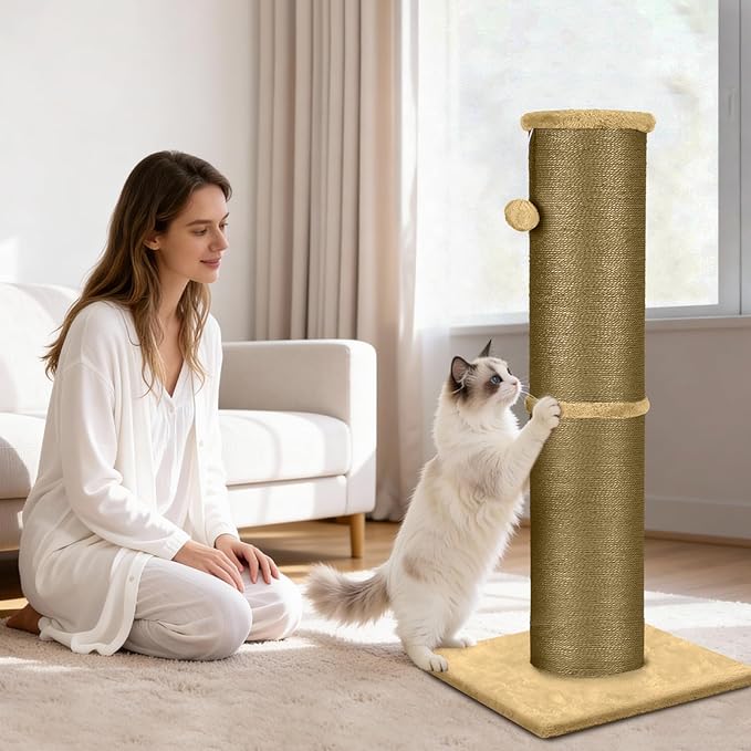 PAWSCRAT Cat Scratching Post 32 Inch High, 5.5 Inch Large Diameter Natural Sisal Cat Scratch Post, Scratch-Resistant and Durable Tall Cat Scratcher for Indoor Cats, Protect Your Furniture, Yellow