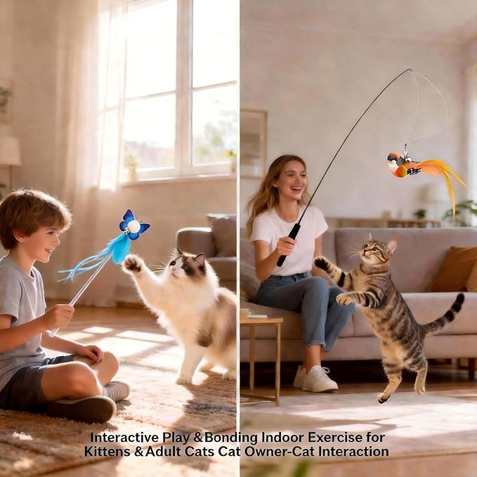 Blrmba Cat Toy Set 11PCS: Interactive Bird Toys for Indoor Kittens & Cat Teaser Wand, 39" Fishing Pole + 18.5" Short Telescopic Wand, 2 Wires, 6 Feather & 1 Bird Toy – EVA Handles, Exercising, Playing