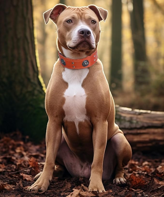Leather Dog Collar, 2 inches Wide Heavy Duty Genuine Leather Collars, Handmade, Soft, and Luxury, Eye-catching Best Choice for Large and Medium Breed Dogs, Orange 15-19 ins