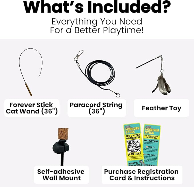 repounce Forever Stick - The Unbreakable Cat Wand Toy, Extra Long Durable Cat String Toy for Indoor Cats, Cat Fishing Pole Toy for Bored Indoor Adult Cats, Feather String Toy On Stick Enrichment