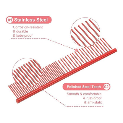 PETAXCELL Dog Cat Comb, Pet Combs Stainless Steel Teeth with Rounded Ends for Knots Mats Loose Hair Removal, 6.5IN (Red Coated, 3 Pack), Grooming Tool Intended for Long Curly Hair Pet