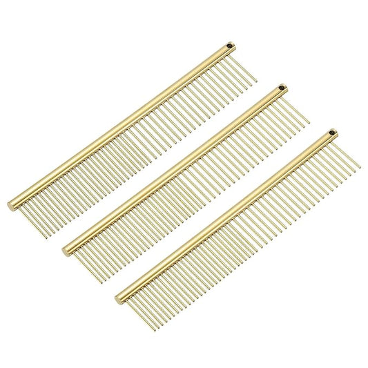 PETAXCELL Dog Cat Comb, Pet Combs Stainless Steel Teeth with Rounded Ends for Knots Mats Loose Hair Removal, 6.5IN (Gold Plated, 3 Pack), Grooming Tool Intended for Long Curly Hair Pet