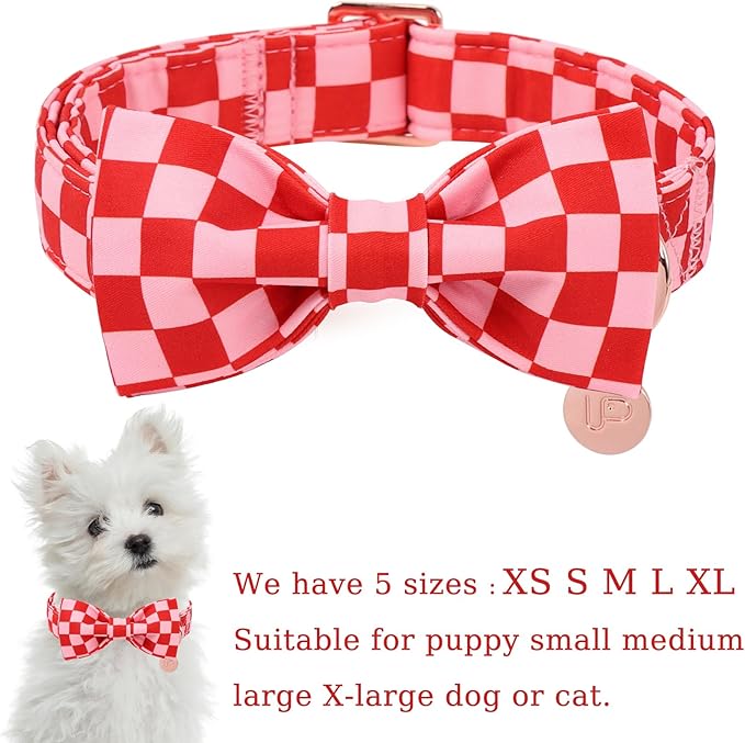 Red and Pink Plaid Dog Collarwith Bow Tie– Adjustable Red & Pink Checkered Dog Collar for Small Medium Large Dogs, Soft Xmas Plaid Puppy Collars with Quick Release Buckle M