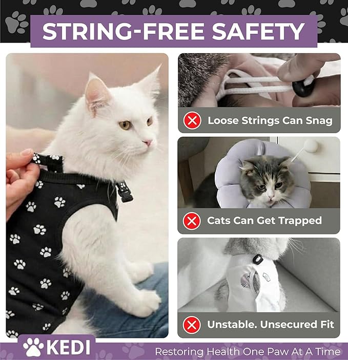Cat Surgery Recovery Suit Female Cat Onesie for Cats After Surgery Spay Surgical Abdominal Wound Skin Diseases E-Collar Alternative Wear Kitten (Black, Large)