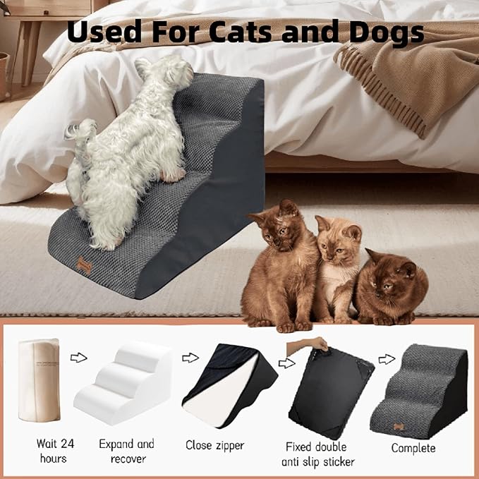 Necrely 4-Step Dog Stairs for High Beds 18-24 Inch Pet Steps 2 3 4 5 Tier Ladder Non-Slip Sturdy Ramp Small Medium Large Dog Steps to Couch Bed Old Dogs Balanced Pet Stairs for Getting on Bed