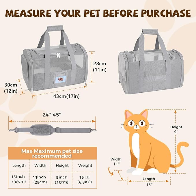 FOORLON Cat Carrier Soft for Pets Up to 15 Lbs, Cat Travel Bag with Padded Shoulder Strap and Detachable Cat Food Bowl, Pet Dog Carriers for Small Dogs Travel Puppy Carry Airline Approved, Grey