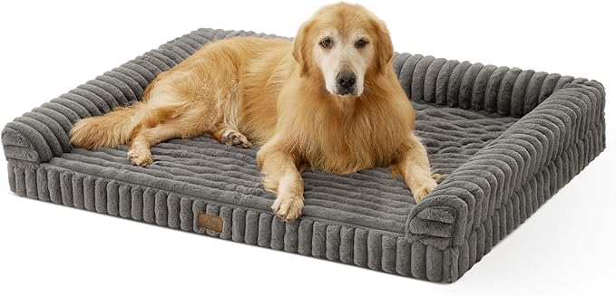 COZY KISS Cute Dog Bed for Extra Large Dogs, Faux Rabbit Fur Orthopedic Foam Dog Bed with Sides, Removable Washable Cover & Waterproof Lining, Comfortable Pet Couch, Grey (48" L x 35" W x 7.5" Th)