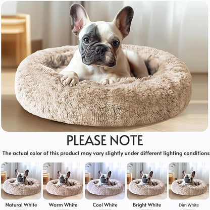 JOLLYVOGUE Calming Small Dog & Cat Bed for Indoor Cats - 20 inches Washable Donut Bed for Kittens & Puppies, Anti-Anxiety Round Fluffy Plush Pet Beds (Fits up to 15 lbs, Cream Brown)
