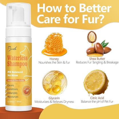 Pjordo Waterless Shampoo for Cat & Dog with Honey & Shea Butter, No Rinse Dry Pet Shampoo Waterless for All Fur, Cleaning & Removes Odors, Conditioning & Anti-Tangle, Moisturizing Skin
