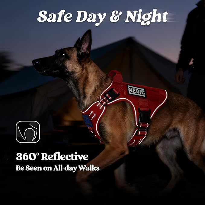 rabbitgoo Tactical Dog Harness Medium Sized, No Pull Upgraded Reflective Heavy Duty Molle Vest with Handle, Adjustable Military Service Dog Vest for Walking Hiking Training, Red, M