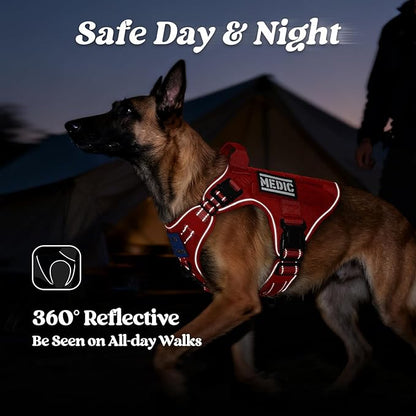 rabbitgoo Tactical Dog Harness Medium Sized, No Pull Upgraded Reflective Heavy Duty Molle Vest with Handle, Adjustable Military Service Dog Vest for Walking Hiking Training, Red, M