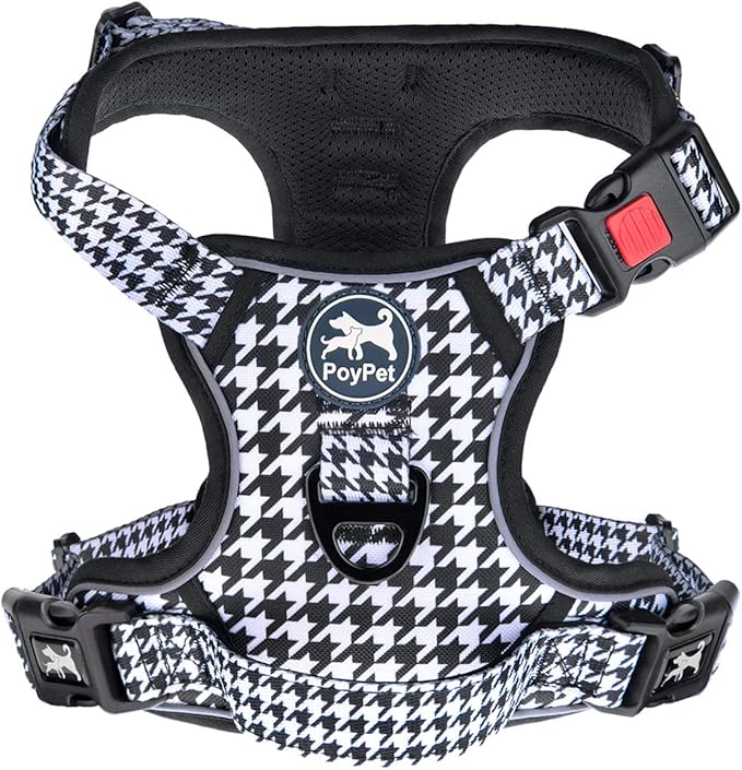 PoyPet No Pull Dog Harness, [Release on Neck] Reflective Adjustable No Choke Pet Vest with Front & Back 2 Leash Attachments, Soft Control Training Handle for Small Medium Large Dogs(Houndstooth,XS)