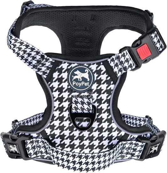 PoyPet No Pull Dog Harness, [Release on Neck] Reflective Adjustable No Choke Pet Vest with Front & Back 2 Leash Attachments, Soft Control Training Handle for Small Medium Large Dogs(Houndstooth,XS)