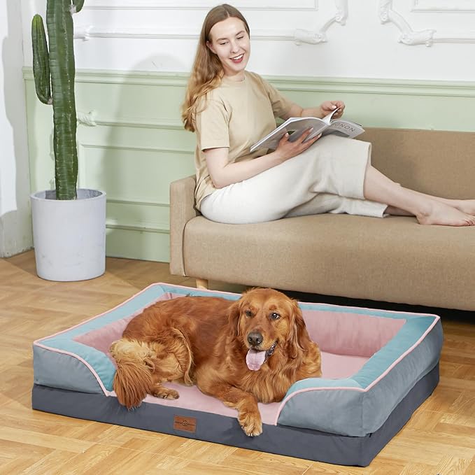 Comfort Expression Orthopedic Dog Bed for Large Dogs 36x27 Inch, Waterproof Egg Crate Foam Large Pet Bed with Removable Bolsters, Dog Couch with Washable Cover & Non-Slip Bottom, Cherry Blossom