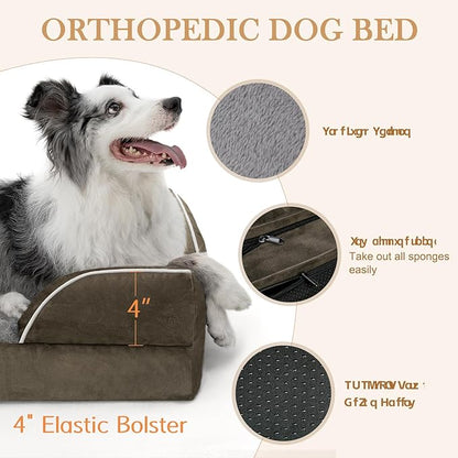 Comfort Expression Orthopedic Dog Bed for Large Dogs 38x25 Inch, Waterproof Supportive Egg Crate Foam Large Pet Bed with Removable Bolsters, Dog Couch with Washable Cover & Non-Slip Bottom, Dark Green