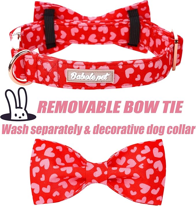 Valentines Dog Collar with Bow Tie, Pink Red Love Male Dog Collar with Safety Metal Buckle Adjustable Puppy Collars for Small Medium Large Boy & Girl Dog,M-Neck 13.5"-22"