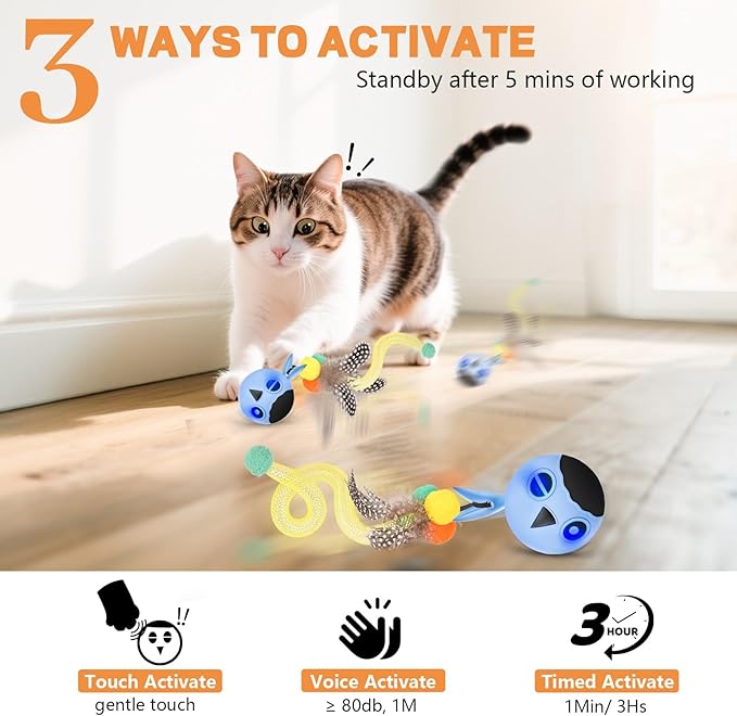 KiwiLove Cat Toys, Interactive Cat Toys for Indoor Cats, USB Rechargeable Electronic Smart Exercise Kitten Toy, Motion Chirping Activated Moving Ball (Blue)