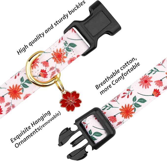 Cotton Handmade Dog Collar Cute and Distinctive Patterns Red and White Flower with Pendant for Girl Boy Dogs Collars S