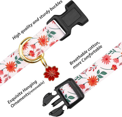 Cotton Handmade Dog Collar Cute and Distinctive Patterns Red and White Flower with Pendant for Girl Boy Dogs Collars S
