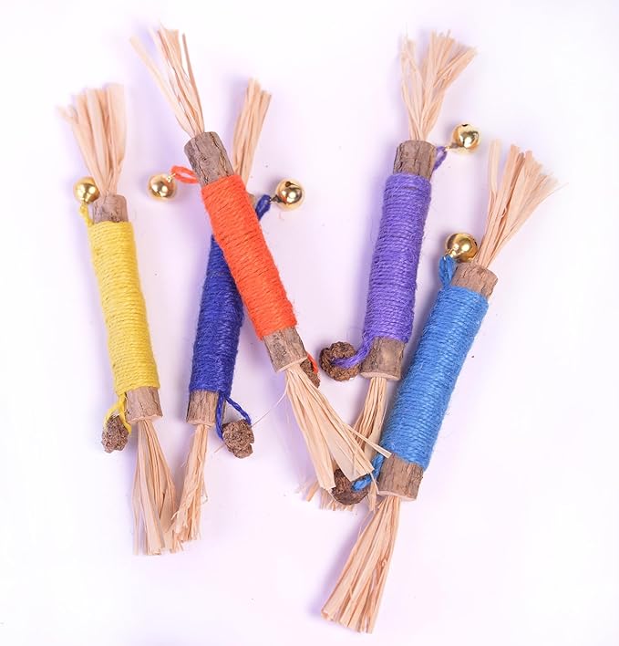 JoyArrive Natural Dried Matatabi Cat Chew Stick with Gall Fruit, Raffia Grass & Cat Bell Ball Toys, Handmade Silvervine Sticks Interactive Catnip Toys for Teething & Entertainment (Size L Color D)