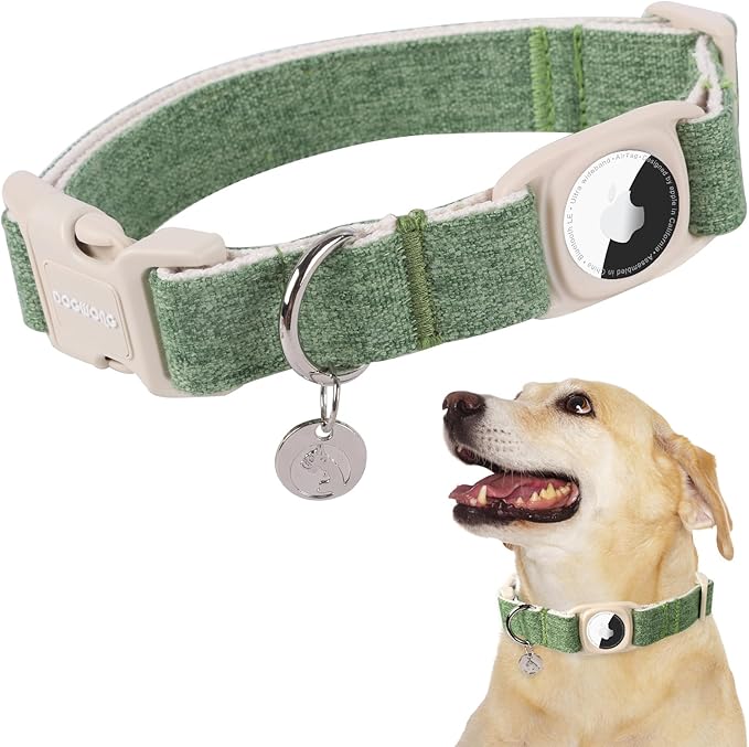 DOGWONG Airtag Cotton Hemp Dog Collar, Heavy-Duty Dog Collar with Airtag Holder Green Natural Fabric Pet Cute Puppy Necklace for Small Medium Large Dogs