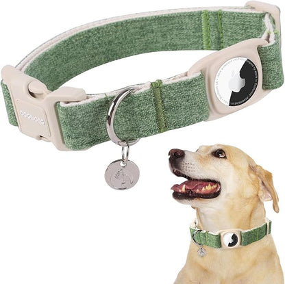 DOGWONG Airtag Cotton Hemp Dog Collar, Heavy-Duty Dog Collar with Airtag Holder Green Natural Fabric Pet Cute Puppy Necklace for Small Medium Large Dogs