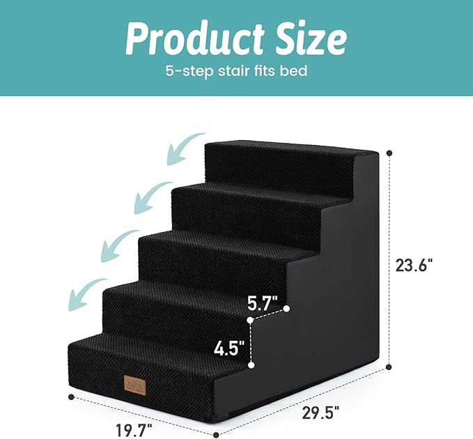 COZY KISS Dog Stairs for Small Dogs 5-Step, 19.7" Extra Wide Right-Angle Pet Stairs for Couch and Beds, Anti-Slip Dog Steps for Old Cats and Lowrider, 19.7x29.5x23.6 inch, Black